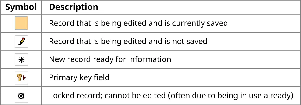 Gold square: Record being edited/saved. Pencil: Record being edited/not saved. Asterisk: New record ready for information. Key/triangle: Primary key field. Crossed out circle: Locked record/cannot be edited.