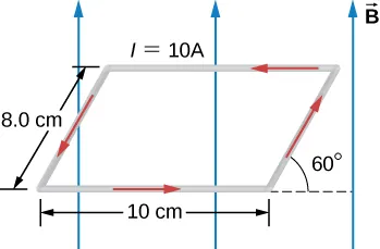 The current loop forms a parallelogram: the top and bottom are horizontal and 10 cm long, the sides are tilted at an angle of 60 degrees up from the +x direction and are 8.0 cm long. A current of 10 A flows counterclockwise. The magnetic field is up.