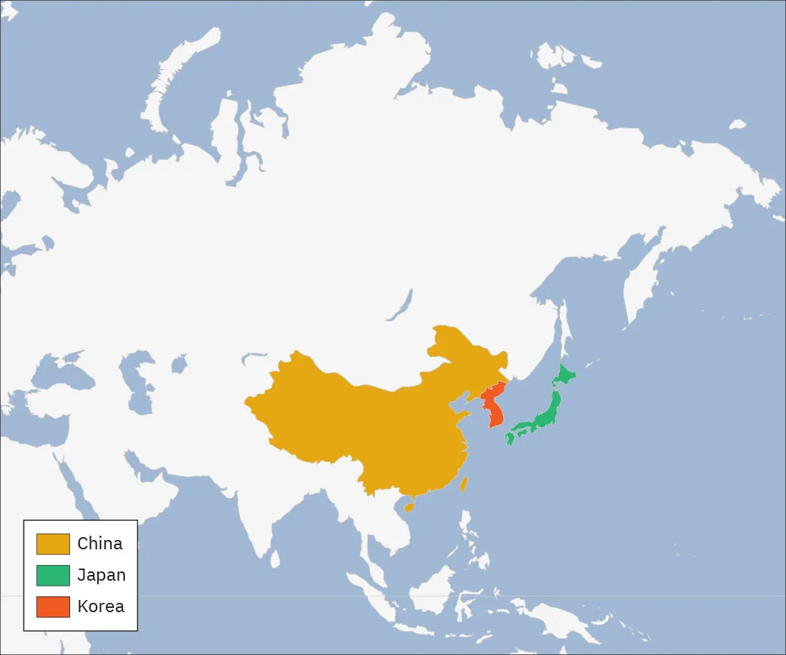 This map shows the locations of China, Korea, and Japan. China is a large region in the southeastern part of Asia. Korea is a peninsula and borders China. Japan is an island east of Asia.
