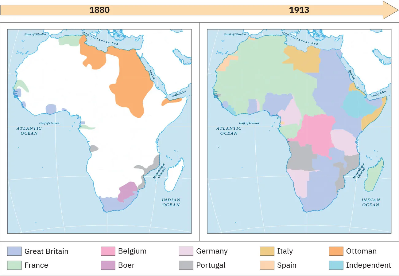 Two maps of Africa are shown. The map on the left is labeled “1880” and shows portions of the African coast highlighted with different colors. A small area on the northern coast and two small areas on the western coast are highlighted green indicating “France.” Two large areas in the north, extending inland, and a small area in the horn of Africa are highlighted orange indicating “Ottoman.” Four very small violet areas are highlighted in the west and one large area in the south indicate “Great Britain.” One very small gray area in the southwest and a long thin area in the southeast indicate “Portugal.” A purple-pink area is highlighted in the inland south and indicates “Boer.” The map on the right is labeled “1913” and shows all of African highlighted with different colors. A large area in the south, a large area in the northeast, and several areas in the west are highlighted violet throughout Africa to indicate control by “Great Britain.” Most of west Africa and the island of Madagascar are highlighted green indicating “France.” One large area in the middle of Africa is highlighted pink to indicate “Belgium.” Three areas are highlighted light pink in the southern half of Africa to indicate “Germany.” Two gray areas in the south, one on the west coast and one of the east coast, indicate “Portugal.” Three yellow highlighted areas in the northern portions of Africa and the horn of Africa indicate “Italy.” Three small areas in the northwest and one small portion on the west coast are highlighted beige indicating “Spain.” Two light blue areas in the northern portion of Africa, one on the west coast and one on the horn of Africa are highlighted light blue to indicate “independent.”