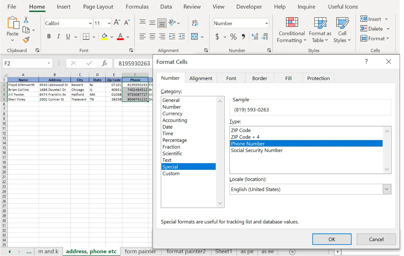 Column F titled Phone is selected and Phone Number is selected in the Format Cells window open under the Special Category.