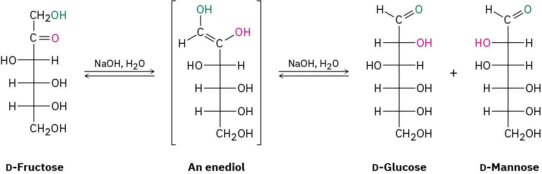 The Fischer projection of converting D-fructose to a mixture of D-glucose and D-mannose using aqueous sodium hydroxide. An enediol intermediate is formed shown in parenthesis.