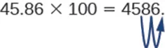 An equation reads 45.86 &times; 100 = 4586. An arrow shows the decimal point moving two places to the right.