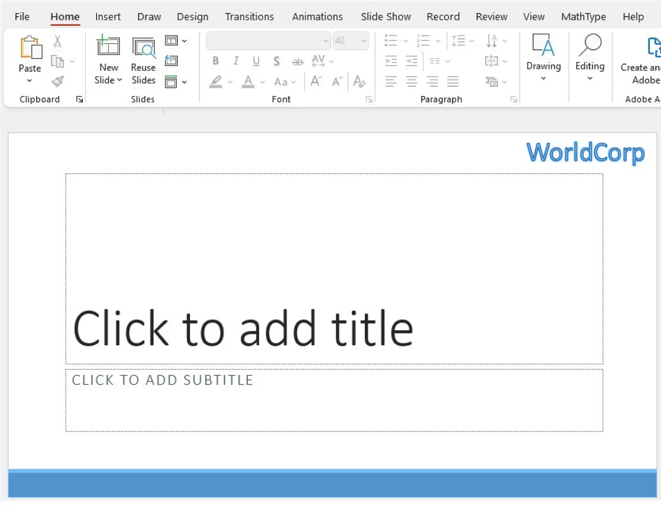 Screenshot of a page with WorldCorp typed in blue at the top right and a blue bar along the bottom. Empty spaces for adding text are included in the middle.