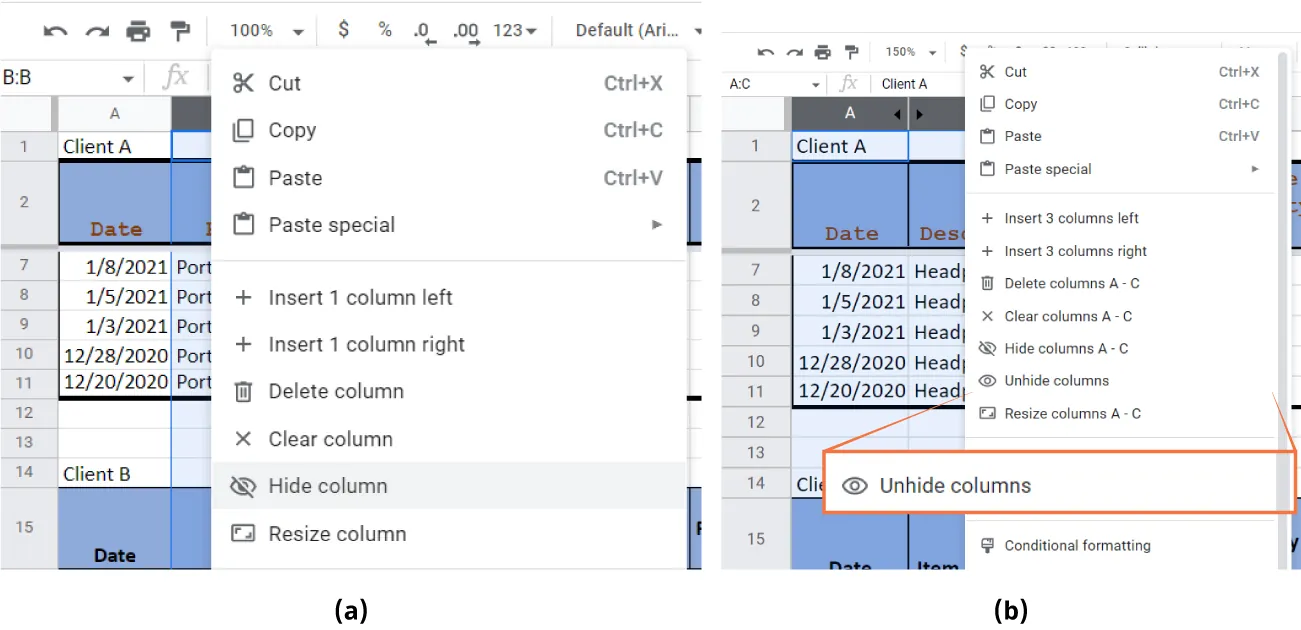 (a) Hide column available on open pane. (b) Unhide column available on open pane. Two black arrows visible in header on right side of Column A and left side of next column.