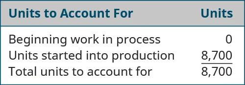 Units to Account for: Beginning WIP 0, Units started into production 8,700, Total units to account for 8,700.