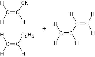 Structures of acrylonitrile (cyanoethene) and styrene (vinylbenzene) on the left separated from 1,3-butadiene on the right by a plus sign.