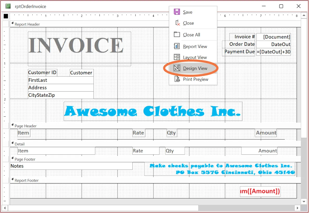 Screenshot of Invoice for Awesome Clothes Inc. displays gridlines and text boxes and sections for Report Header, Page Header, Detail, Page Footer, and Report Footer in Design View.