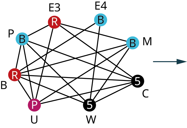 A graph has eight vertices. The vertices are P, B, U, W, C, M, E 4, and E 3 and their corresponding degrees are 5, 6, 5, 5, 5, 4, 2, and 4. Edges from P lead to E 3, B, U, W, and C. Edges from B lead to U, W, C, M, and E 4. Edges from U lead to E 3, M, and C. Edges from W lead to E 4, M, and C. An edge from C leads to E 3. An edge from M leads to E 3. The vertices, B and E 3 are in red. The vertices, P, E 4, and M are in blue. The vertex, U is in purple.