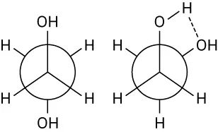 The chemical structure of ethylene glycol, where the direction of both dipole moments points from carbon toward the hydroxyl group in opposite directions.