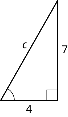 A right triangle with its legs marked 7 and 4. The hypotenuse is marked c. The angle made by the hypotenuse and the horizontal leg is marked.