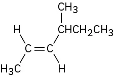 A double bond with hydrogen (up) and methyl (down) substituents on the left and s-butyl (up) and hydrogen (down) substituents on the right.