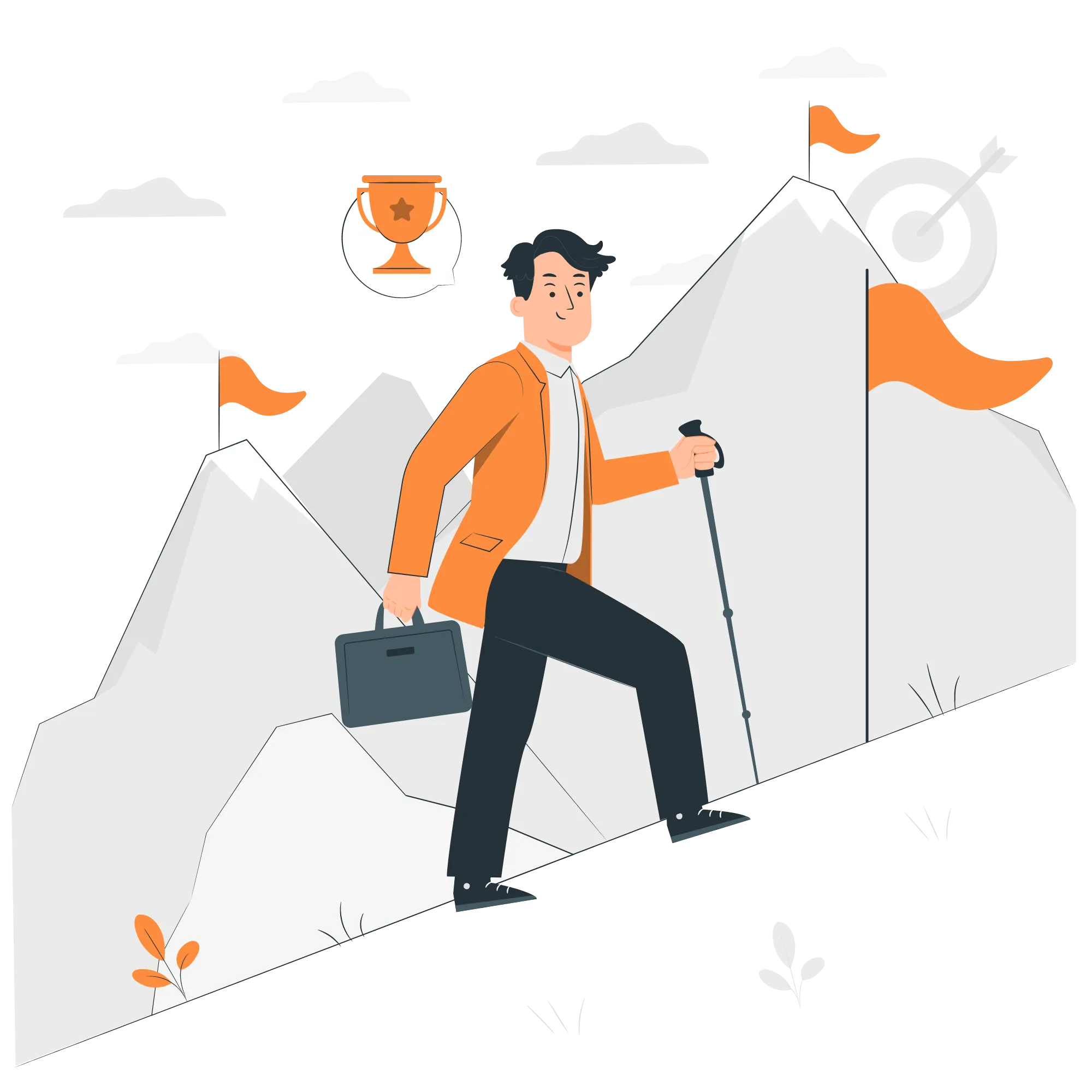 A person in business attire climbs a mountain with a briefcase and walking stick. Trophy and bullseye icons appear in the background, symbolizing achievement and reaching goals. Orange flags and clouds complete the scene.