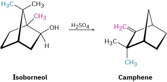 Isoborneol reacts with sulfuric acid to form camphene. Carbocation rearrangement happens during the process.