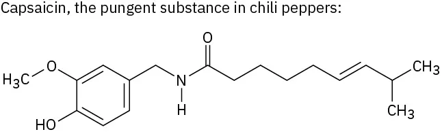 The chemical structure of capsaicin which is the pungent substance in chili peppers.