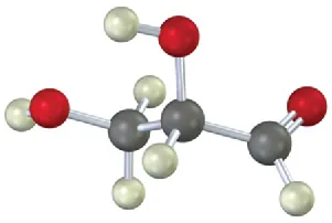 The ball-and-stick model of a three carbon aldose. The gray, black, and red spheres represent hydrogen, carbon, and oxygen atoms, respectively.