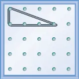 The figure shows a grid of evenly spaced dots. There are 5 rows and 5 columns. There is a rubber band style triangle connecting three of the three points at column 1 row 1, column 1 row 2,and column 4 row 2.