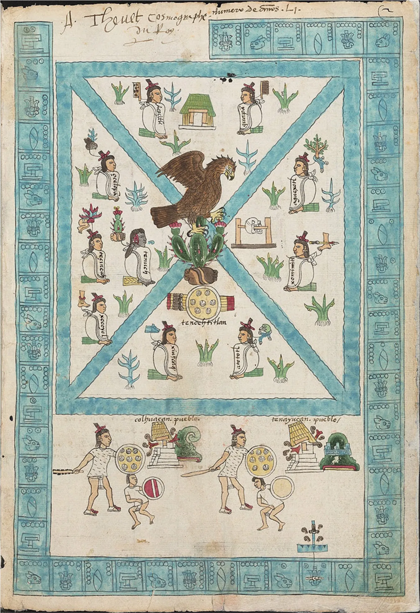 A picture of a drawing is shown on beige colored parchment. A blue border made out of squares outlines the images within, except for the top left half, which shows some cursive writing in the beige spot. The squares are decorated with small circles and various images of animals and shapes. Inside the border, the top two thirds show a blue rectangle with a thick wavy border and a blue wavy “X” in the middle, creating four triangles. In the middle of the “X” a brown bird is seen with a black and yellow beak sitting atop a green three-pronged cactus in a brown pot with pink and white spikes all over and green, white, and pink flowers on top. In all four triangle sections of the rectangle figures are shown with white cloths tied behind their necks, sitting on a green striped pedestal, with long brown hair, and red and brown hats. All have objects tied to them by a thin black string and words written in black on their clothing. One lone figure in the left section is dark skinned and has no hat and sits on a gold decorated pedestal. The top portion has two figures sitting on either side of a green topped beige and white hut. Two blue and three green plants are seen and both figures have brown brushes ties to the back of their necks. In the left area, four figures are shown with three green plants and one blue plant. The items tied to them are an animal head, a body with a cactus head, a cactus, and a foot. The bottom triangle shows two figures, and two green plants and one blue plant. The items tied to the figures include shoes and a dolphin. There is also a round object shown with seven white circles shown inside and red, yellow, and brown strips on the sides. The triangle on the right shows two figures and three green plants and one blue plant. The items tied to the figures include a foot with an arrow through it and a plant. A skeleton head is also shown with a pole poked through it displayed on two poles and a platform. Below the “X” image, two nearly identical images are shown. A figure in a short shirt with black marks all over and wearing a small loincloth and red and white shoes stands holding a sword and a shield decorated with circles. Below them stands another smaller figure with a white short sleeved shirt and small loincloth with no shoes and holding a circle shield. To the right of both of these images is a white tiered building with stairs leading to a yellow tiered top with lines. Red marks and brown hook-like object are shown below the yellow portion. To its right a green object stands on a red bottom. Toward the bottom right is a blue upside down “T” object with brown hook-like items all over.