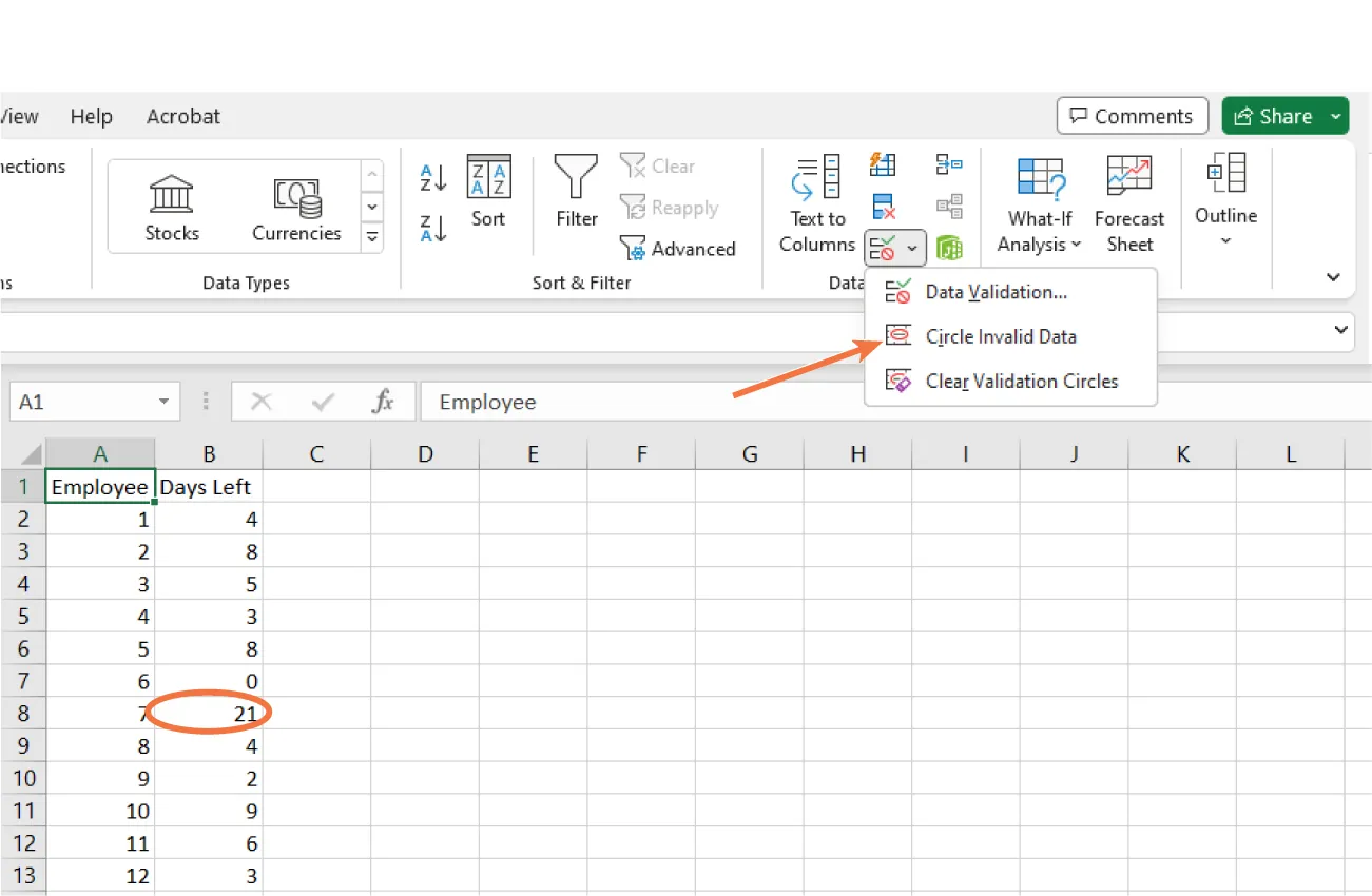 Data Validation button in Data Tools is selected; opens to options for Circle Invalid Data selected (other options: Data Validation, Clear Validation Circles). In spreadsheet, data in cell B8 (21) is circled.