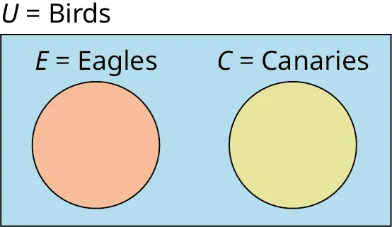 A two-set Venn diagram not intersecting one another is given. Outside the Venn diagram, 'U equals Birds' is labeled. The first set is labeled E equals Eagles while the second set is labeled C equals the Canaries.