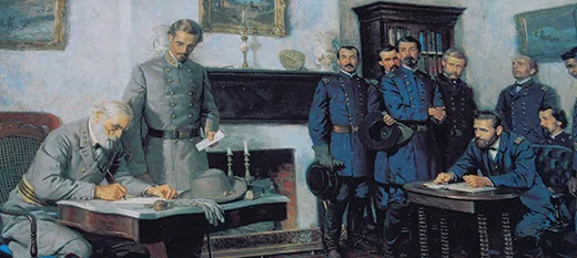 A painting depicts Robert E. Lee seated at a desk, signing a document as Ulysses S. Grant, a Confederate soldier, and a group of Union soldiers look on.