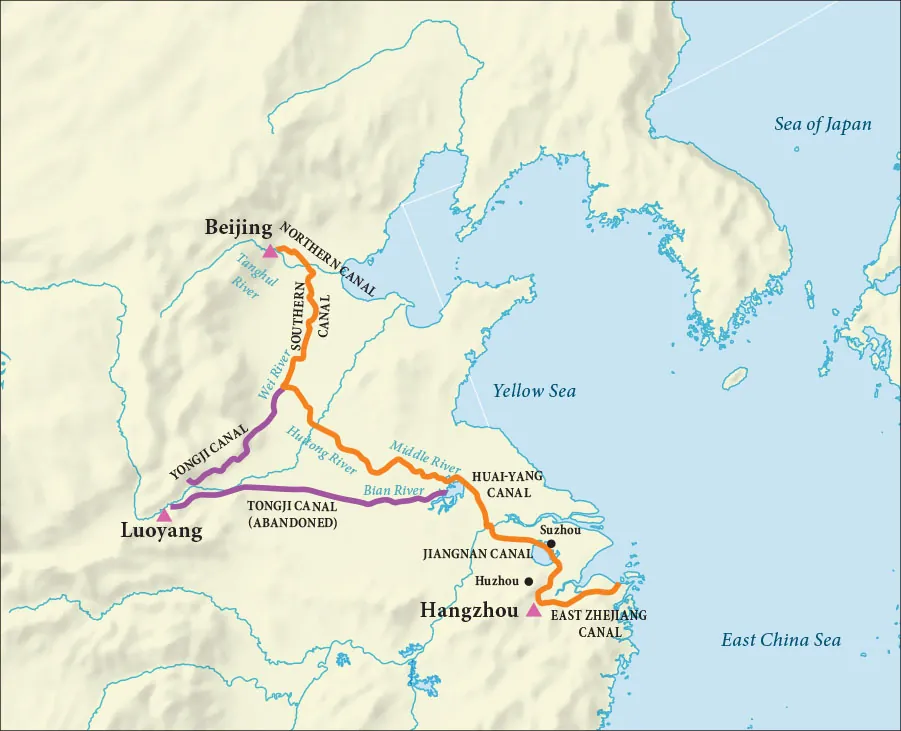A map is shown with land in the western portion highlighted beige and water in the eastern section highlighted blue. The Sea of Japan is labelled in the northeast, the Yellow Sea is labelled in the east, and the East China Sea is labeled in the southeast. The city of Beijing is labelled in the north, the city of Luoyang is labelled in the southwest and the city of Hangzhou is labelled in the south. All are labelled with pink triangles. The cities of Suzhou and Huzhou are labelled with black dots by the East China Sea. South of Beijing, the Tanghul River is labelled, the Wei River is labelled south of that, and the Hunong River, the Middle River, and the Bian River are labelled east of the city of Luoyang. A thick orange line begins at the city of Beijing and heats east, then south along the Wei River, where it is labelled “Northern Canal.” It continues southeast along the Hunong and Middle Rivers where it is labelled the Huai-Yang Canal. It continues southeast toward the city of Suzhou where it is labelled the “Jiangnan Canal.” Then it heads east toward the East China Sea where it is labelled the “East Zhejiang Canal.” A thick purple line runs from the city of Luoyang northeast and meets up with the Southern Canal. Another thick purple line also starts at Luoyang and heads east along the Bian River and stops right before the Hui-Yang Canal.