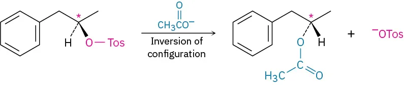 Tosylated reactant reacts with acetate ion and undergoes inversion of configuration. Tosylate leaves, acetate replaces tosylate on the substrate.