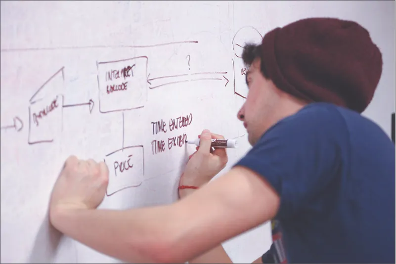 Photo of a person writing on a whiteboard.