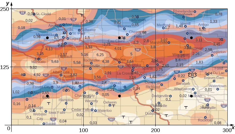 Otra versión del mapa de tormentas anterior, pero esta vez con líneas dibujadas para x = 100, 200 y 300 y para y = 125 y 250. Hay un punto en el centro de cada uno de los rectángulos resultantes.