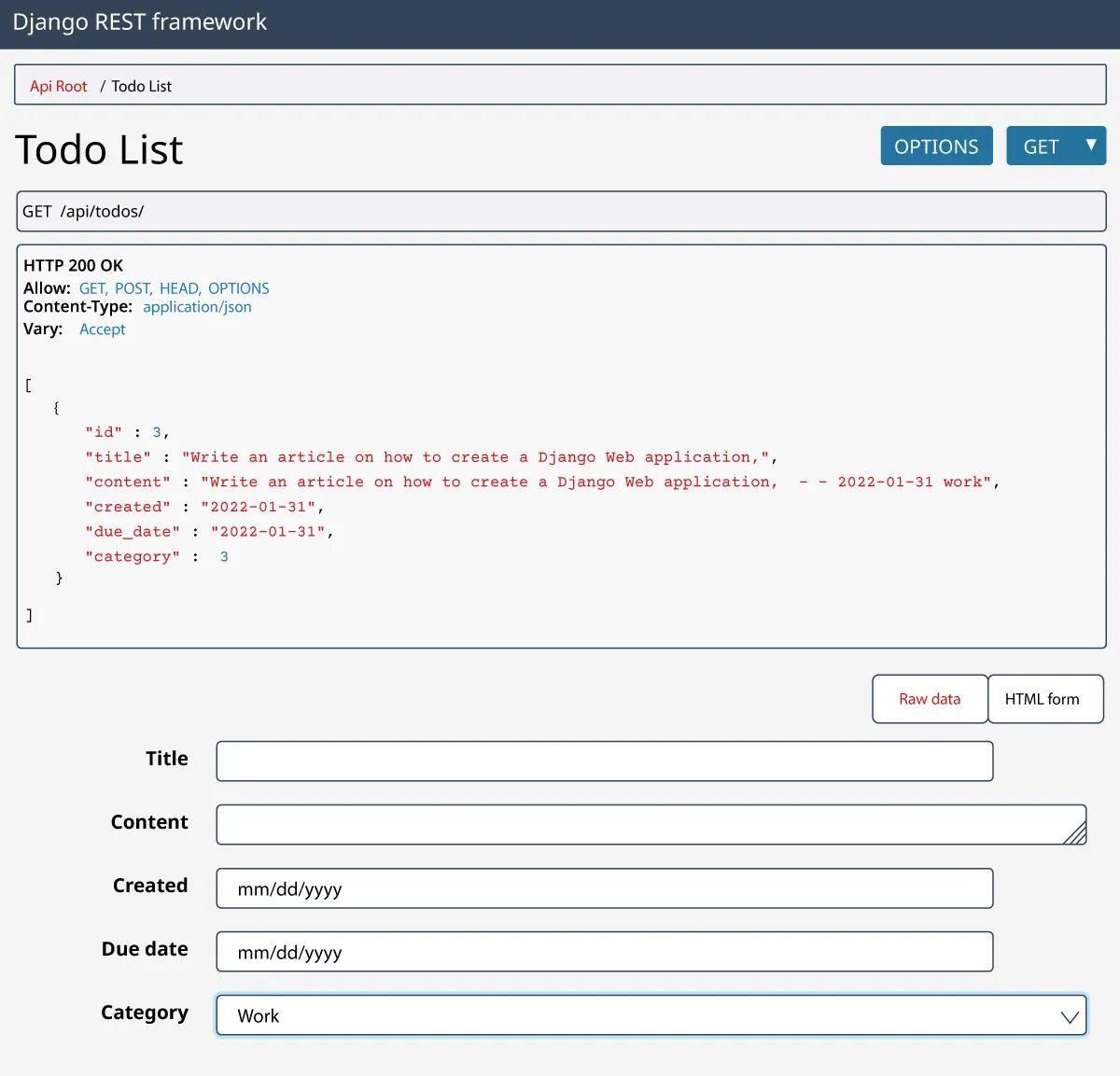Screenshot of Todo List viewable in API.