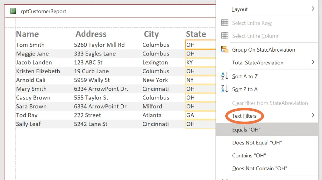 A screenshot of rptCustomerReport form displays information in rows and columns (Name, Address, City, State). Information in the State column is selected. An open pane shows Text Filers selected from options listed.