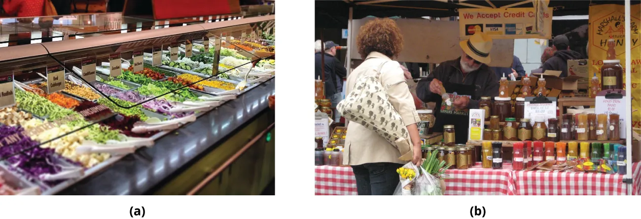 Photograph a shows a salad bar at a grocery store. Photograph b shows a customer looking at products at a farmer’s market stand with the seller of the product behind the table.