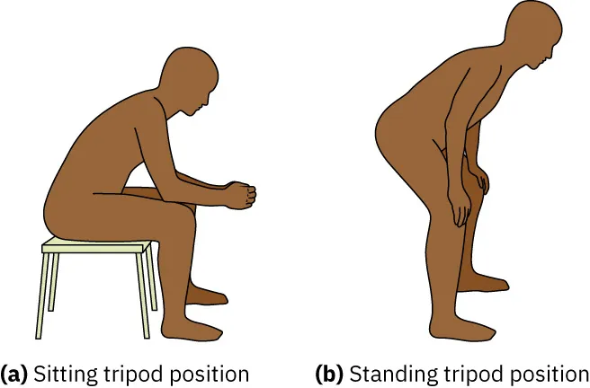 A two-panel illustration shows a figure sitting in a chair on the left and standing with hands on the knees on the right.