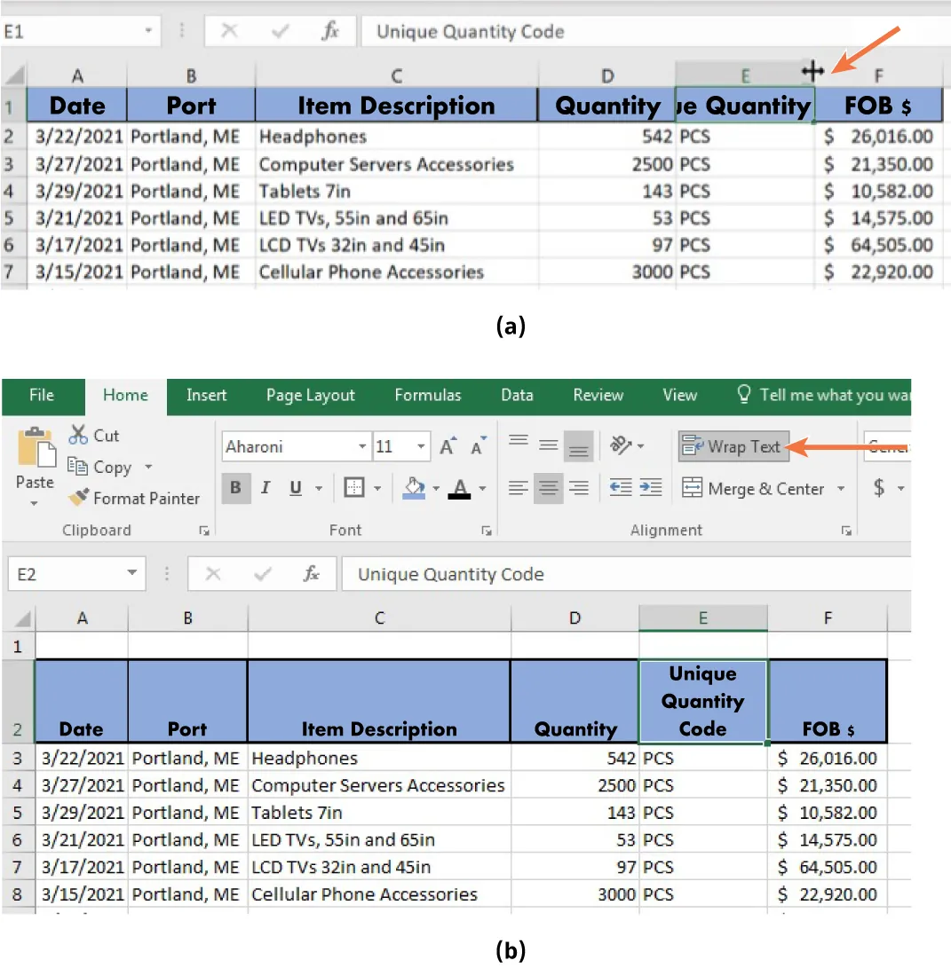 (a) Cell E1 displays cut off text. Cursor with two black arrows at top right in cell. (b) Wrap Text is selected and text in cell fits. Size of row 2 enlarged.
