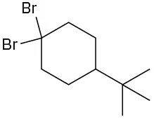 The structure of 1,1-dibromo-4-tert-butylcyclohexane.