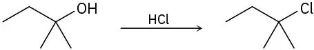 2-methylbutan-2-ol reacts with H Cl to form 2-chloro-2-methylbutane.