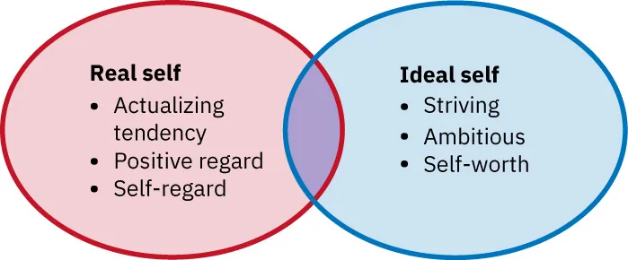 Two ovals that overlap. Left oval is labeled Real Self (Actualizing tendency, Positive regard, Self-regard) while right oval is labeled Ideal self (Striving, Ambitious, Self-worth.)
