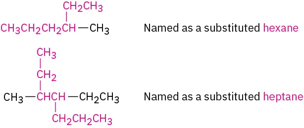 The molecular structures of two substituted alkanes are represented. The first and second structures are substituted hexane and heptane, respectively.