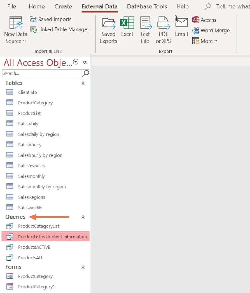 External Data tab selected. All Access Objects sidebar lists options under Queries: ProductList with client information selected.