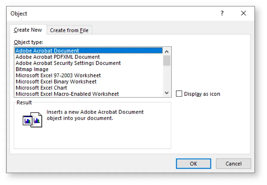 Create New tab in Object pane selected. Object Type options selects: Adobe Acrobat Document (other documents visible for selection). Result window reads: Inserts a new Adobe Acrobat Document object into your document.