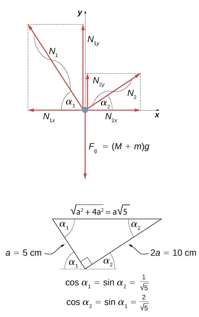 Na górnym rysunku pokazano rozkład sił na węźle, który łączy nici z szalką. Siły N1 i N2 ciągną na węźle ku górze. Suma mas M i m pomnożona przez g, to ciężar który ciągnie na węźle w dół. Zaznaczone są składowe x i y naprężeń N1 i N2. Dolny rysunek przedstawia reprezentację węzła, który łączy nici z szalką w postaci trójkąta prostokątnego. Ma on przyprostokątne o długościach a i 2a (dla a równego 5 centymetrów). Przeciwprostokątna ma długość a pierwiastków z pięciu. Kąt alfa1 jest pomiędzy krótszą przyprostokątną i przeciwprostokątną. Kąt alfa2 jest pomiędzy dłuższą przyprostokątną i przeciwprostokątną. Cosinus kąta alfa1 jest równy sinusowi kąta alfa2 i wynosi jeden przez przez pierwiastek z pięciu. Cosinus kąta alfa2 jest równy sinusowi kąta alfa1 i jest równy dwa przez przez pierwiastek z pięciu.
