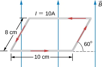 Pętla prądu tworzy równoległogok: poziome boki dolny i górny mają po 10 cm długości, boki nachylone są pod kątem 60 stopni w górę w kierunku od +x i mają po 8,0 cm długości. Prąd o natężeniu 20 A płynie przeciwnie do ruchu wskazówek zegara. Pole magnetyczne jest ku górze.