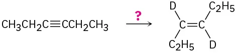 A C6 alkyne reacts in the presence of an unknown reagent denoted as a question mark to form a trans-deuterated alkene.