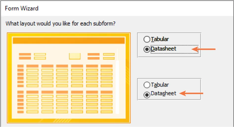 Form Wizard asks: What layout would you like for each subform? Datasheet button is selected for both options (Tabular button also available for both options).