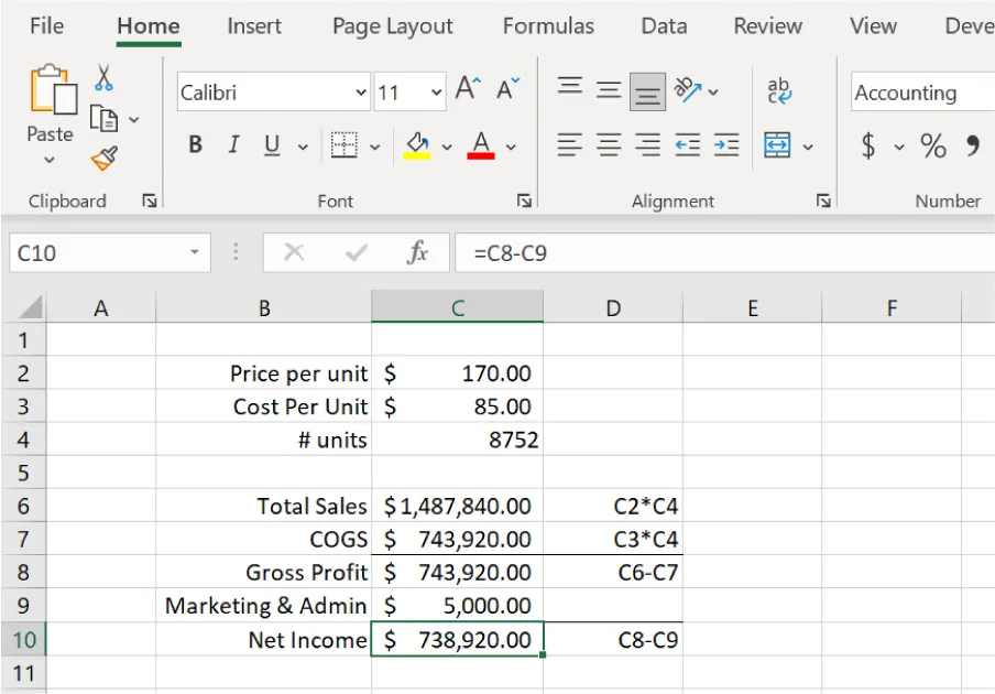 In the spreadsheet, cell C10 is selected and =C8-C9 is visible in the formula bar. The data in cell C10 is $738,920.00 (Net Income). Column D lists the formulas that are used.