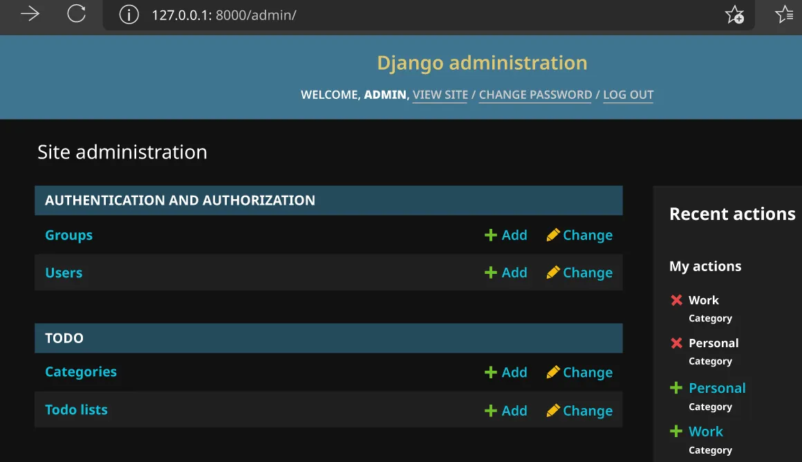 The Django administration interface shows site administration tools to create, edit, and delete categories and todo items.