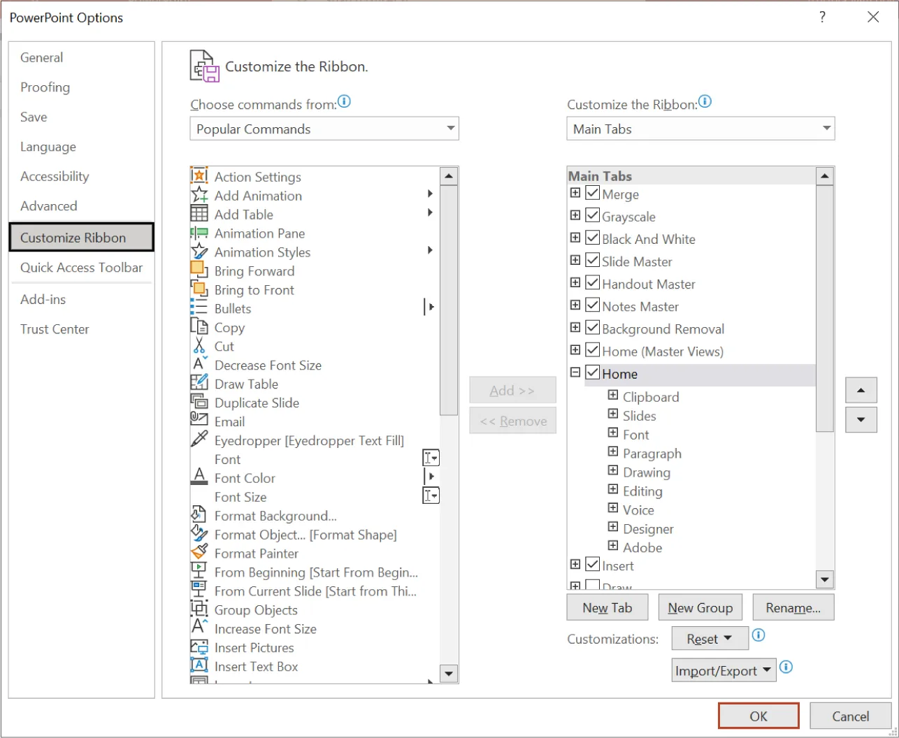Customize the Ribbon is selected in PowerPoint Options. Customize the Ribbon displays drop-down menus for Choose commands from and Customize the Ribbon. Add and Remove buttons are between the drop-downs.