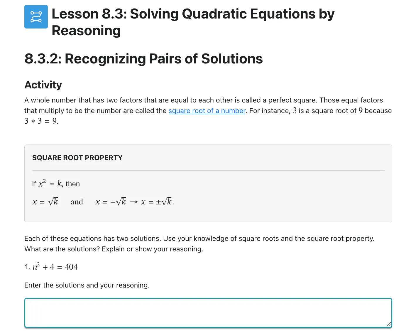 A screenshot from the curriculum showing a problem where students are required to explain their reasoning.