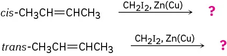 cis-2-Butene reacts with diiodomethane and copper-zinc catalyst to form unknown product(s). trans-2-Butene also reacts with the same reagent and catalyst to form unknown product(s). Products are depicted by question marks.