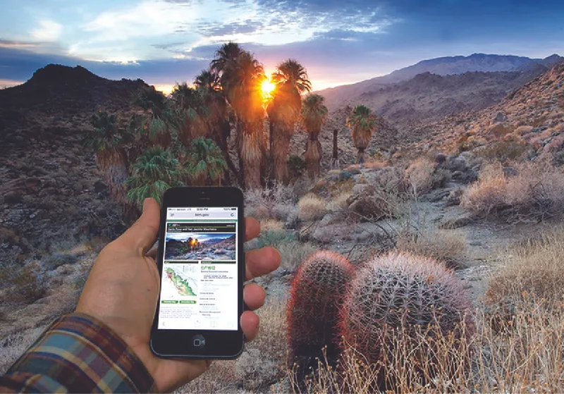 Photo of a person in a desert holding a smartphone.